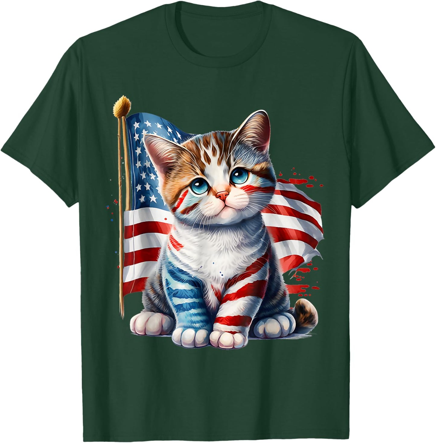 4th of July Kitty Cat American Flag America USA Cats Lover T-Shirt - T-Shirt | Forest