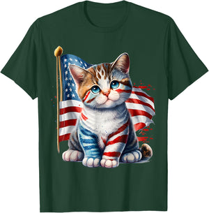 4th of July Kitty Cat American Flag America USA Cats Lover T-Shirt - T-Shirt | Forest
