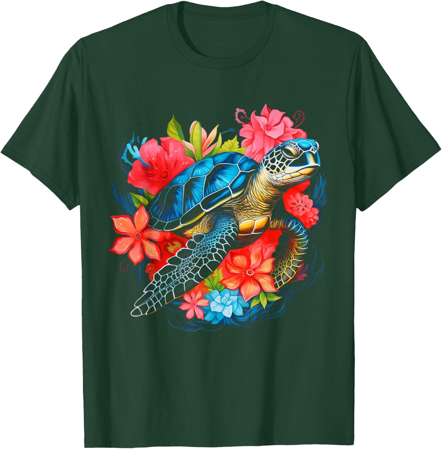 Sea Turtle Hawaiian Flowers Hawaii Scuba Diving Diver T-Shirt - T-Shirt | Forest