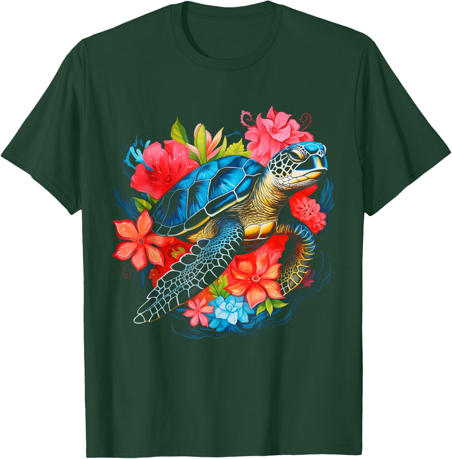 Sea Turtle Hawaiian Flowers Hawaii Scuba Diving Diver T-Shirt - T-Shirt | Forest