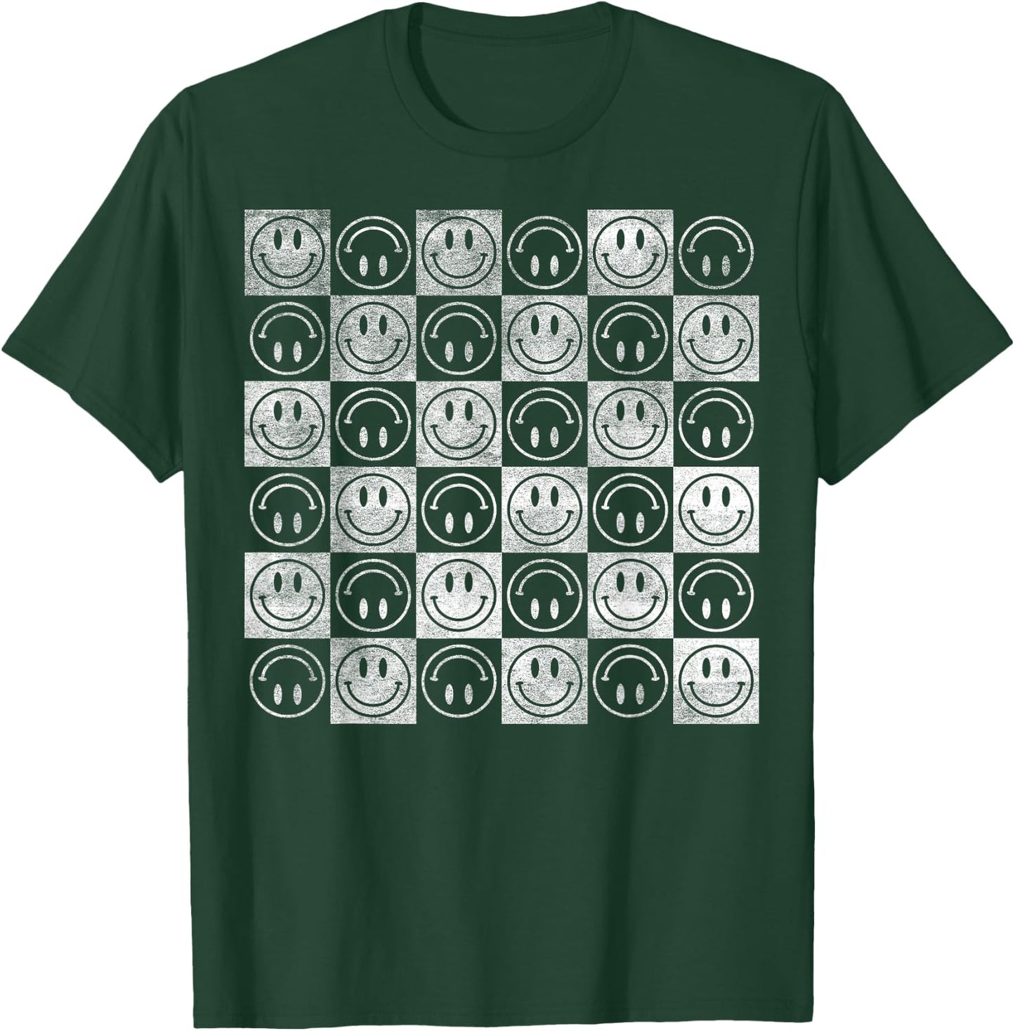 Happy Face Checkerboard Pattern Minimal – Checkered Smile T-Shirt - T-Shirt | Forest