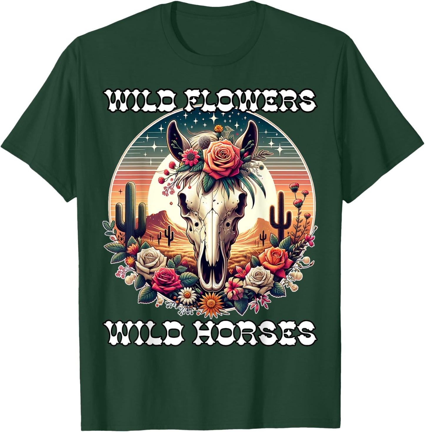 Wild Flowers and Wild Horses Vintage Sunset Country Cowgirl T-Shirt - T-Shirt | Forest
