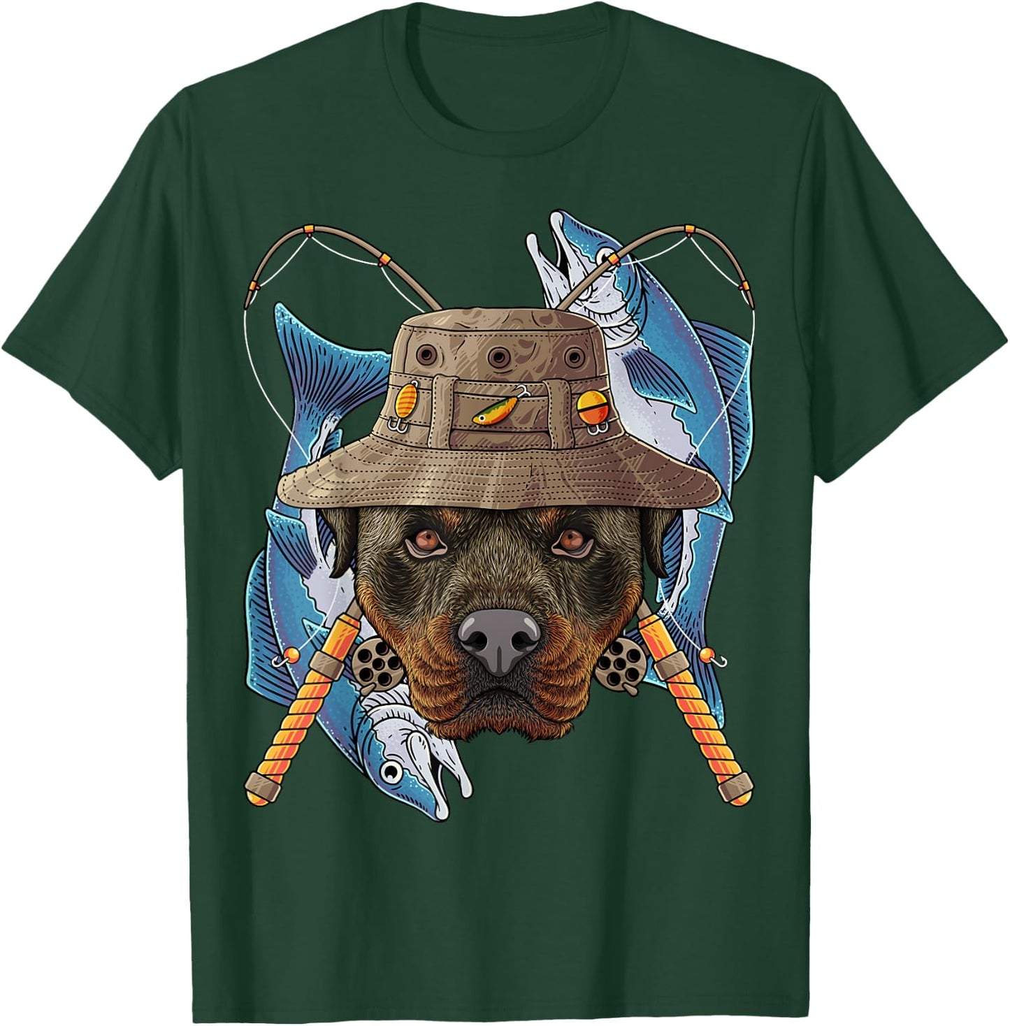 Fishing Rottweiler Outdoor Fisherman Dog Cute Fly Fishing T-Shirt - T-Shirt | Forest
