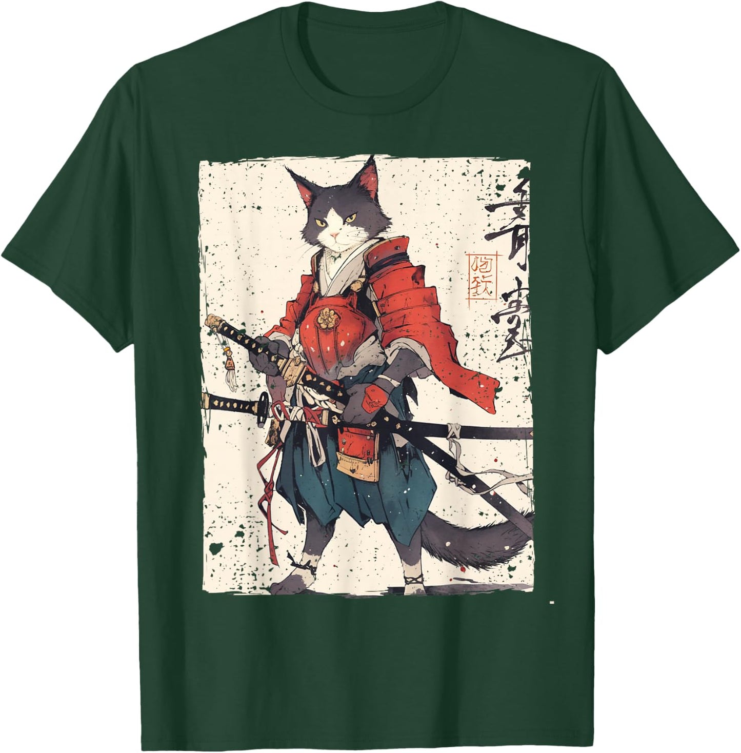 Samurai Cat Warrior Ukiyo Ink Artwork Cat Samurai Women Girls Kids T-Shirt - T-Shirt | Forest