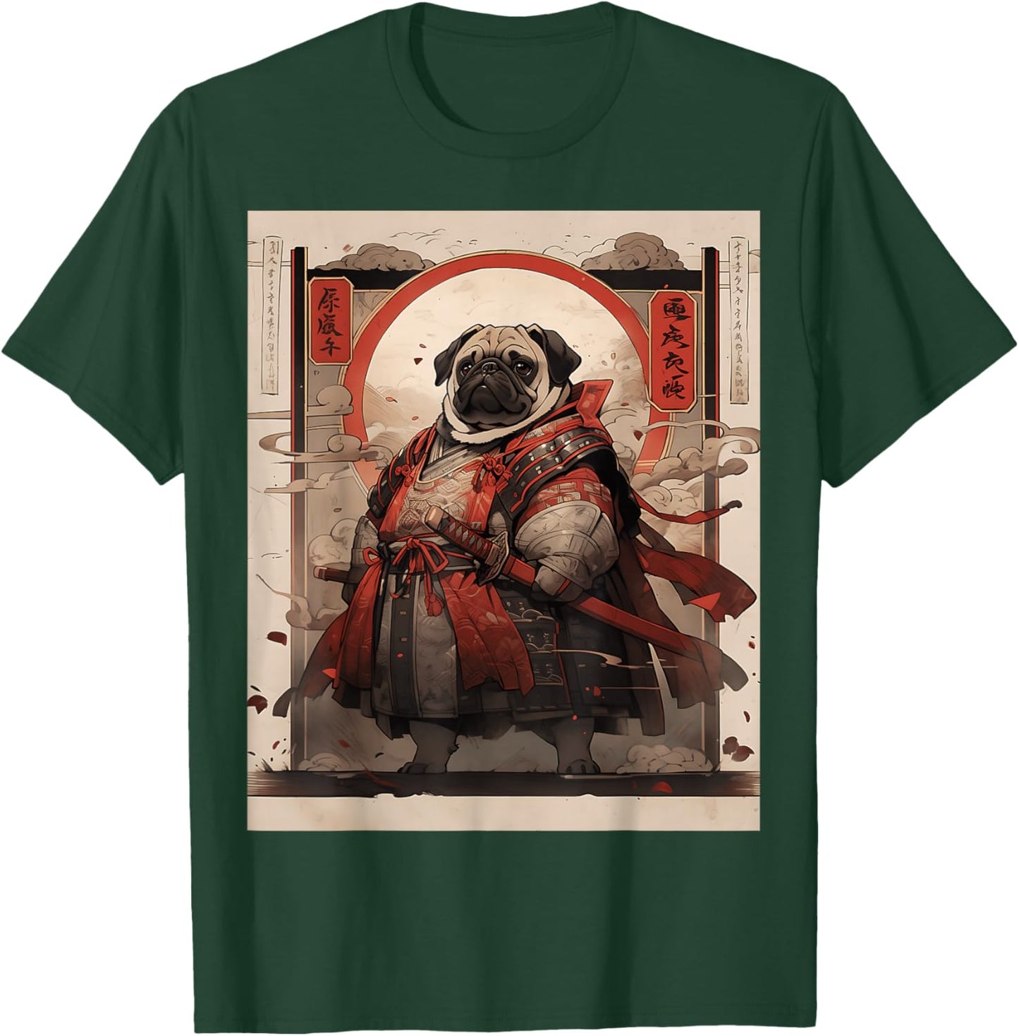 Samurai Pug Dog Retro Japanese Ukiyo-e Warrior Fighter Art Women Kids T-Shirt - T-Shirt | Forest