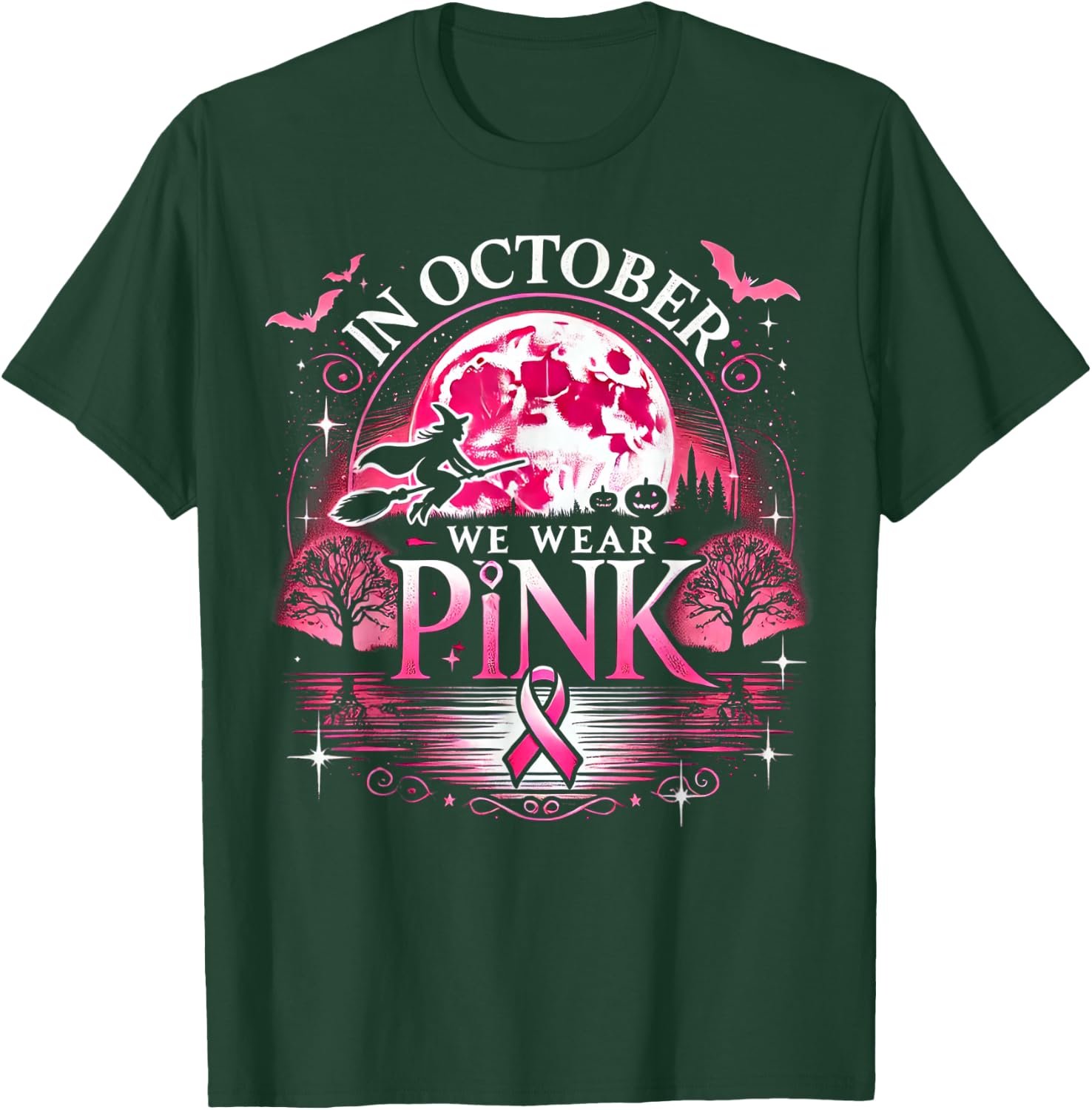 October We Wear Pink Witch Halloween Moon T-Shirt - T-Shirt | Forest