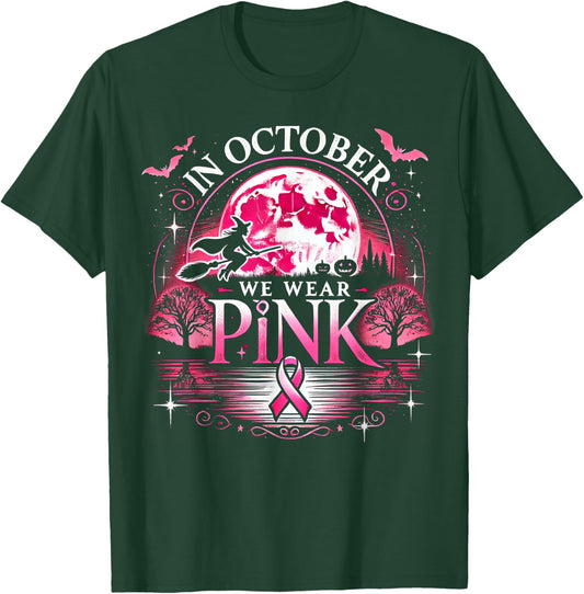 October We Wear Pink Witch Halloween Moon T-Shirt - T-Shirt | Forest