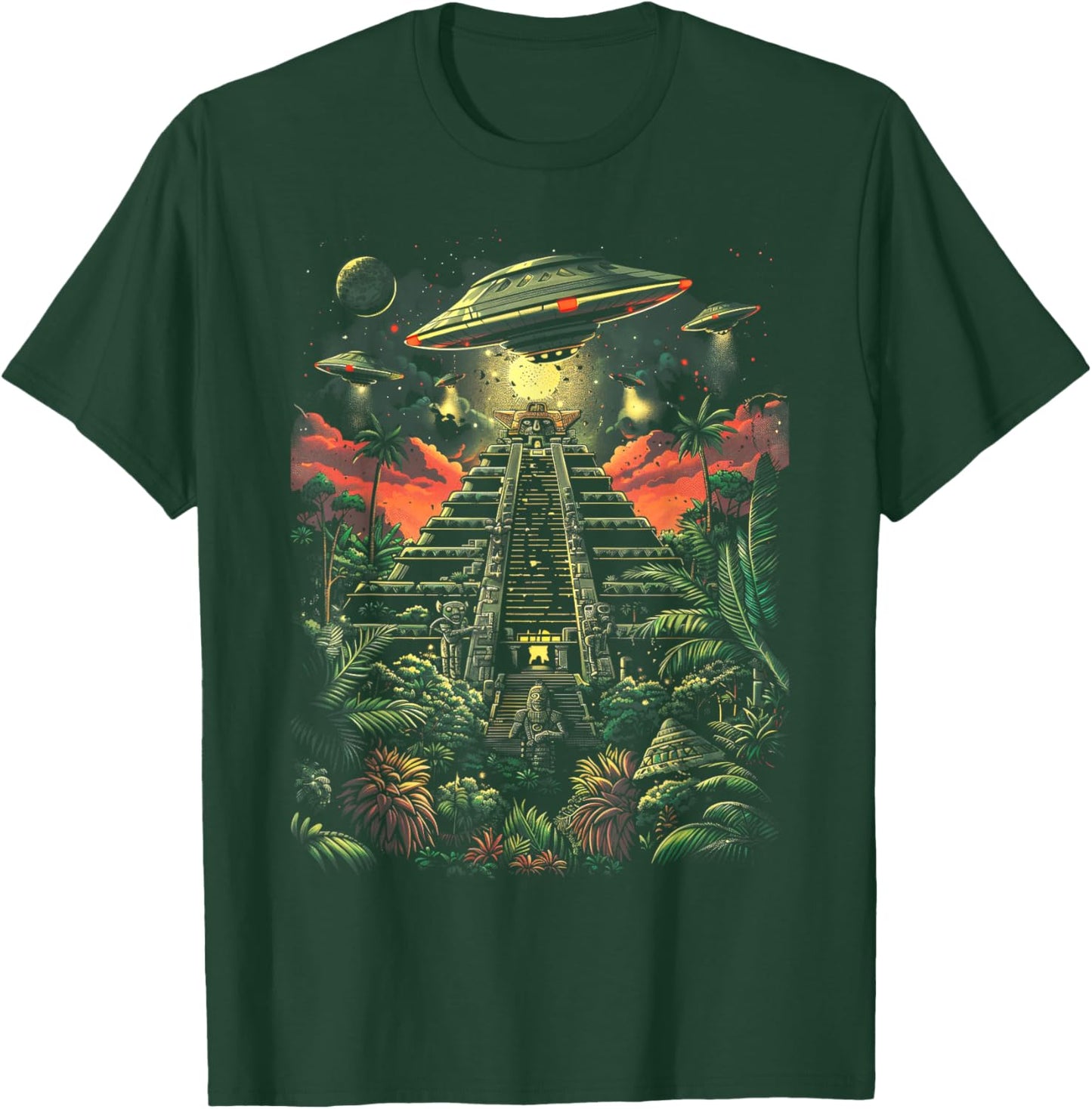 UFO Ancient Alien Pyramid South America Jungle T-Shirt - T-Shirt | Forest