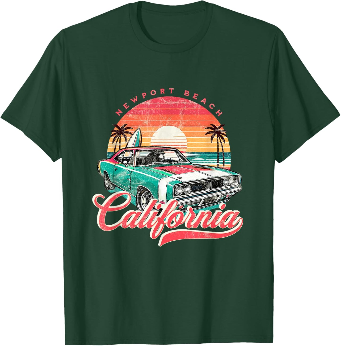 Classic Muscle Car Retro Newport Beach California Surfer Sun T-Shirt - T-Shirt | Forest