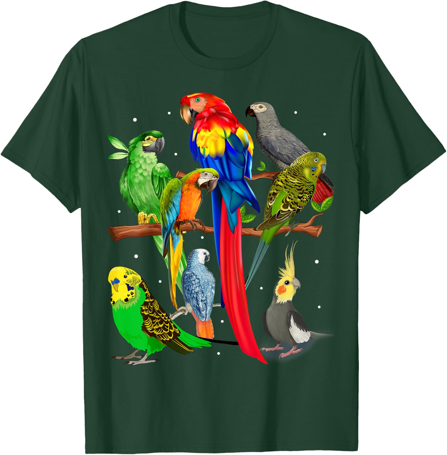 Macaw, Cockatoo, African Grey, Budgie - Parrot Flock T-Shirt - T-Shirt | Forest