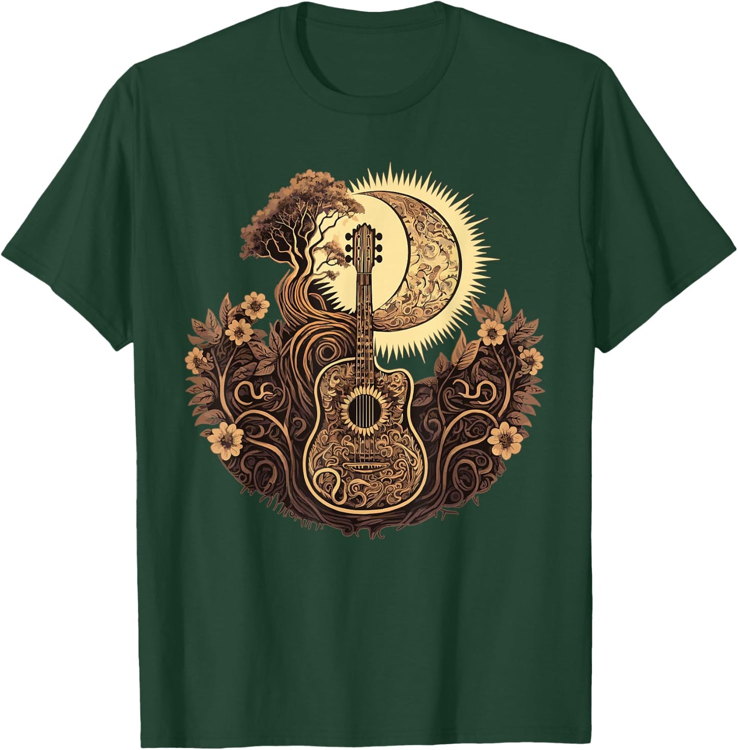 Acoustic Guitar Tree With Moon Guitarist T-Shirt - T-Shirt | Forest
