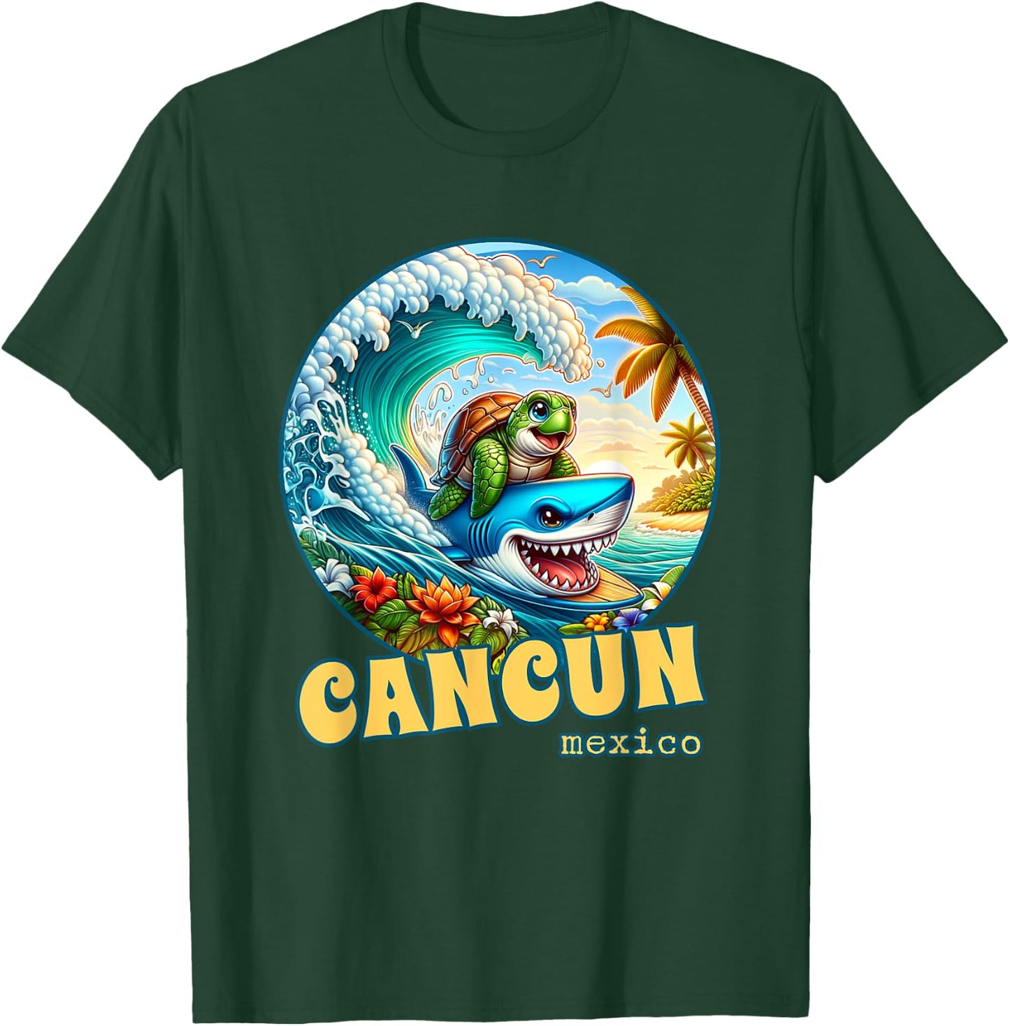Cancun Mexico Surfing Sea Turtle and Shark T-Shirt - T-Shirt | Forest