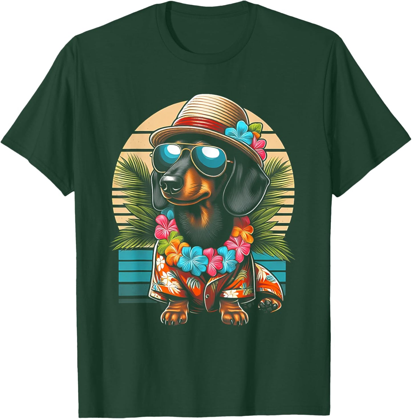 Retro Hawaiian Dachshund Dog Tropical Floral Summer Vibes Women Kids T-Shirt - T-Shirt | Forest