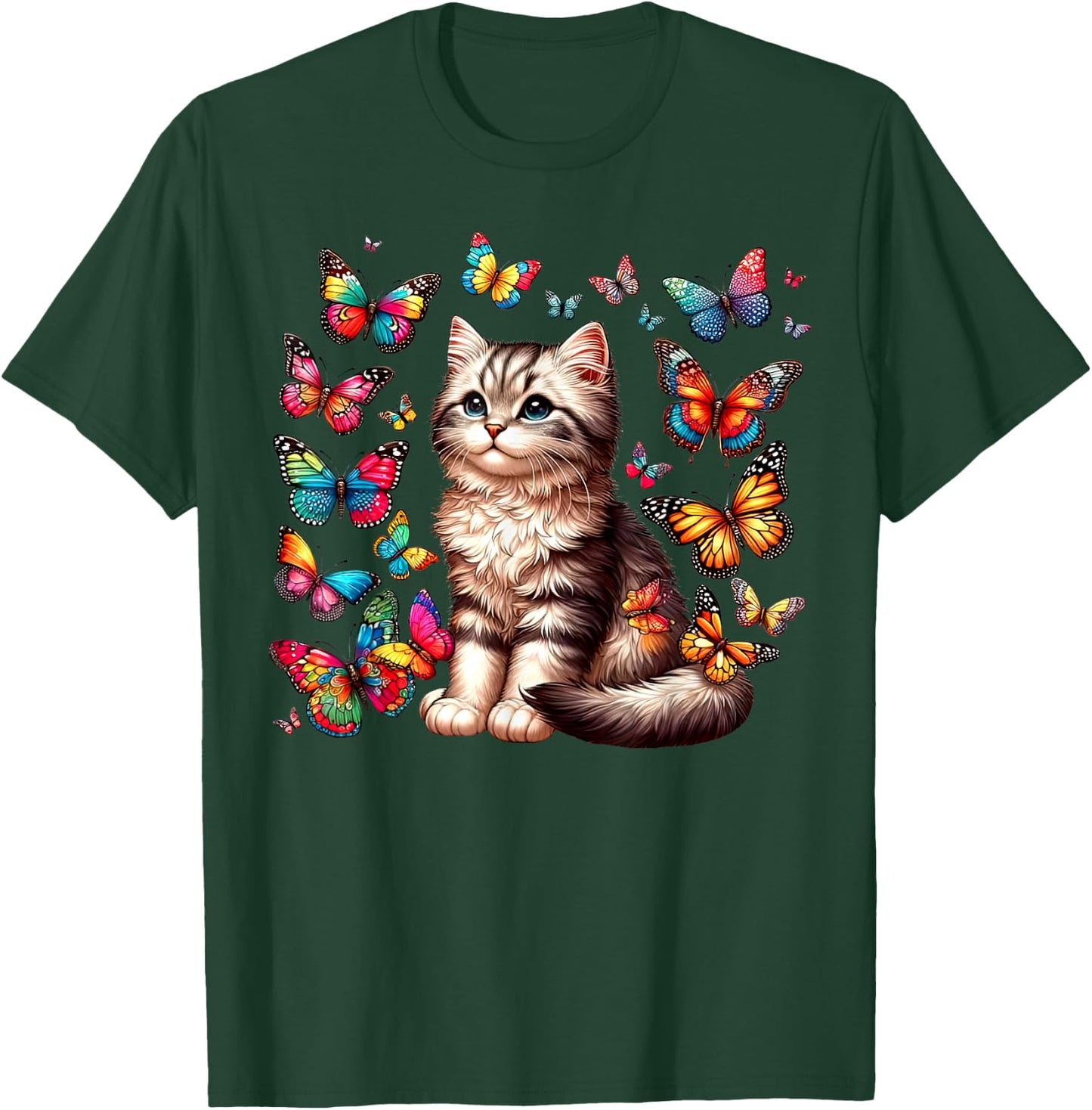 Cute Cat With Colorful Butterfly Art Pet Lover Kitten Women Girls Kids T-Shirt - T-Shirt | Forest
