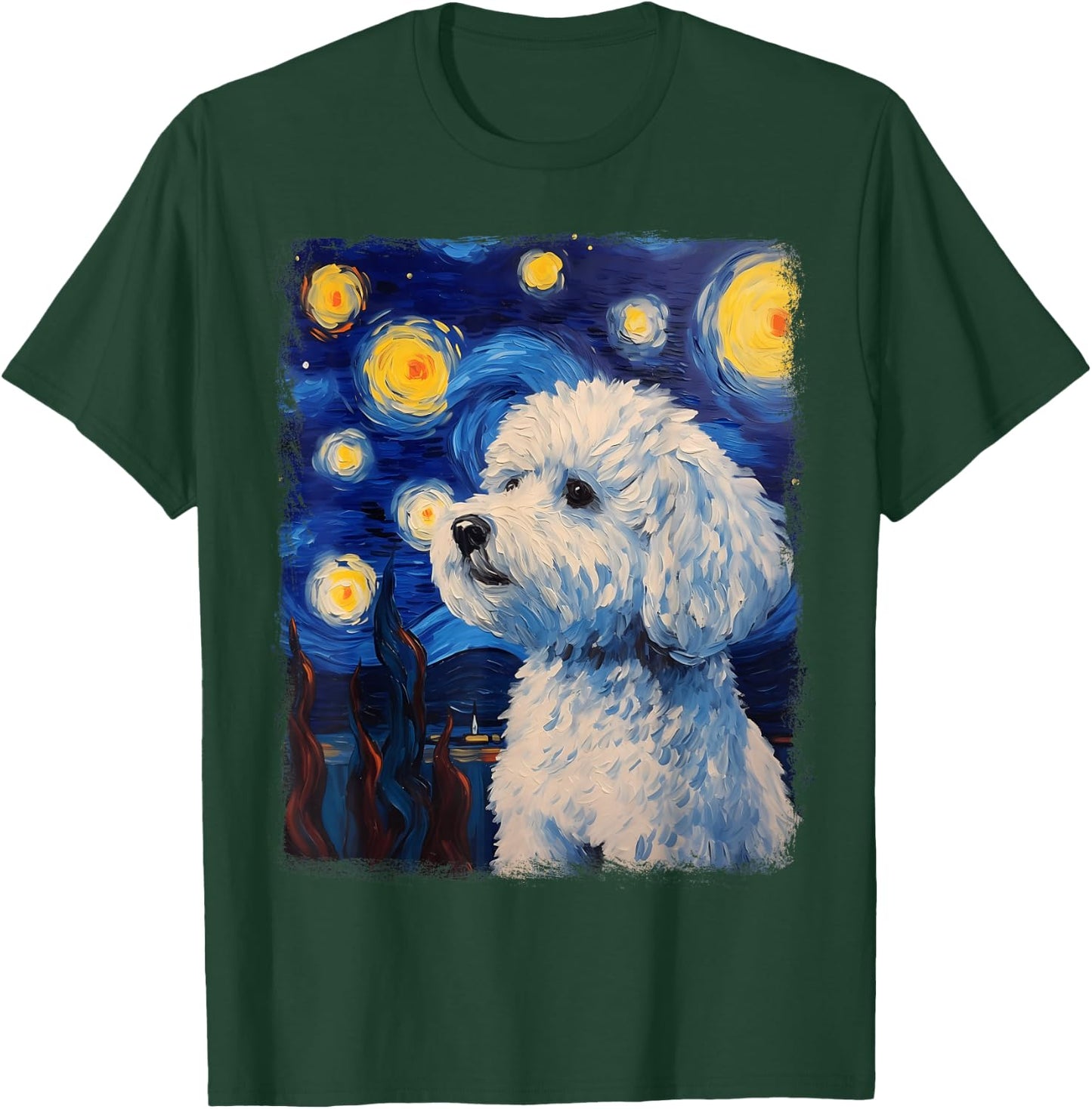 Bichon Frise Dog Starry Night Painting T-Shirt - T-Shirt | Forest