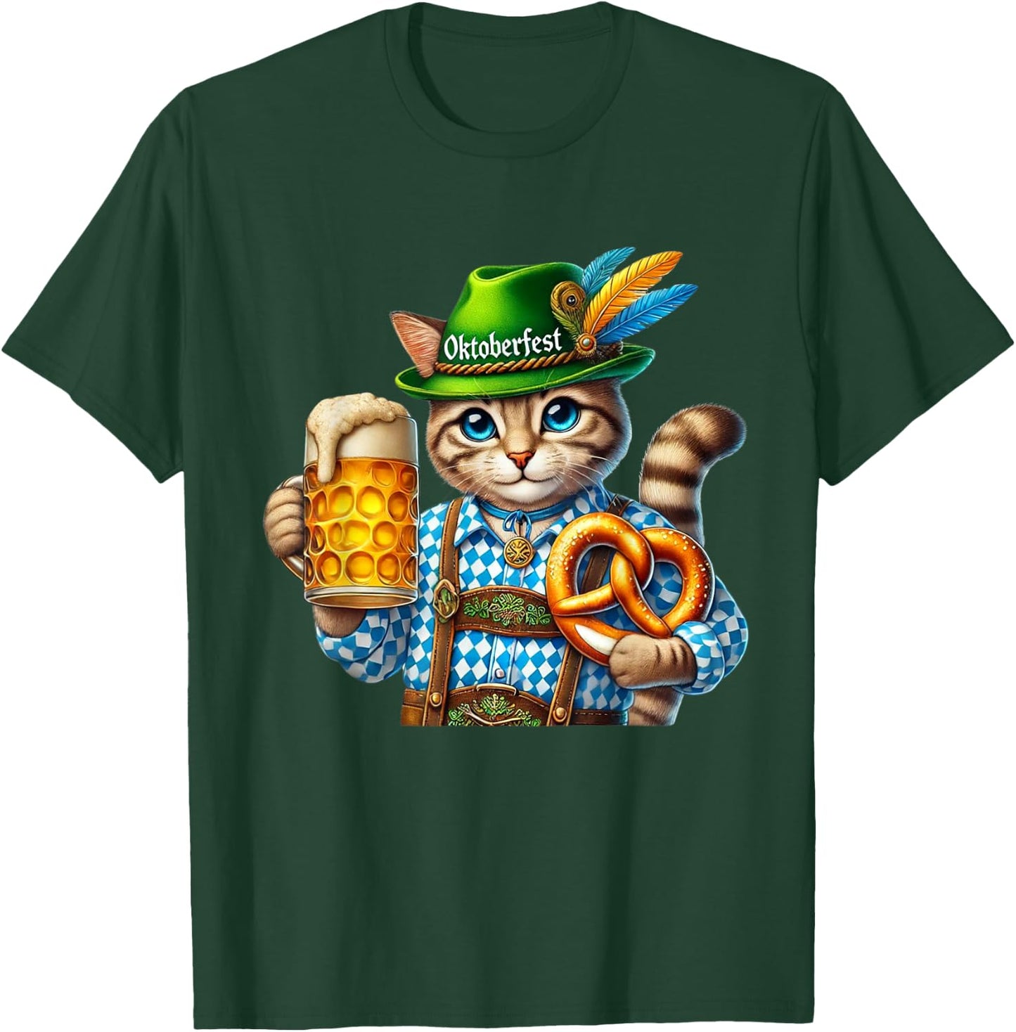 Oktoberfest Cat Beer Pretzel Costume Lederhosen T-Shirt - T-Shirt | Forest