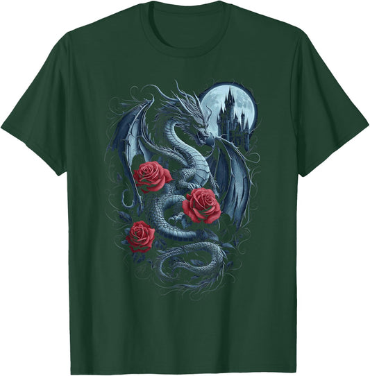 Dragon With Roses And Full Moon Dark Art T-Shirt - T-Shirt | Forest