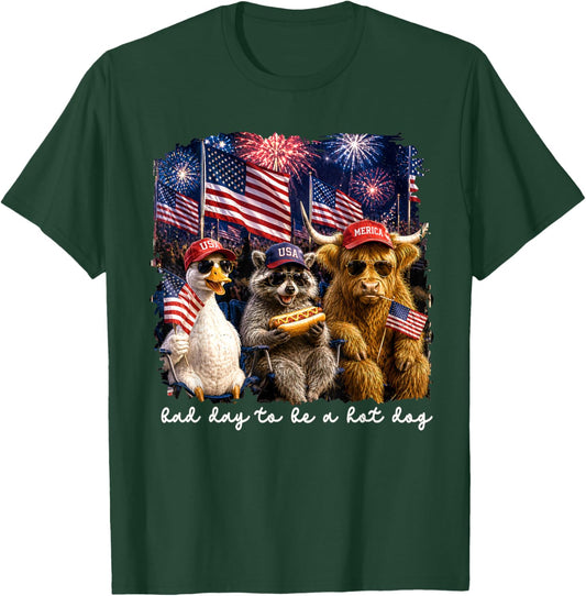 Bad Day to Be A Hotdog Goose Raccoon 4th of July Patriotic T-Shirt - T-Shirt | Forest