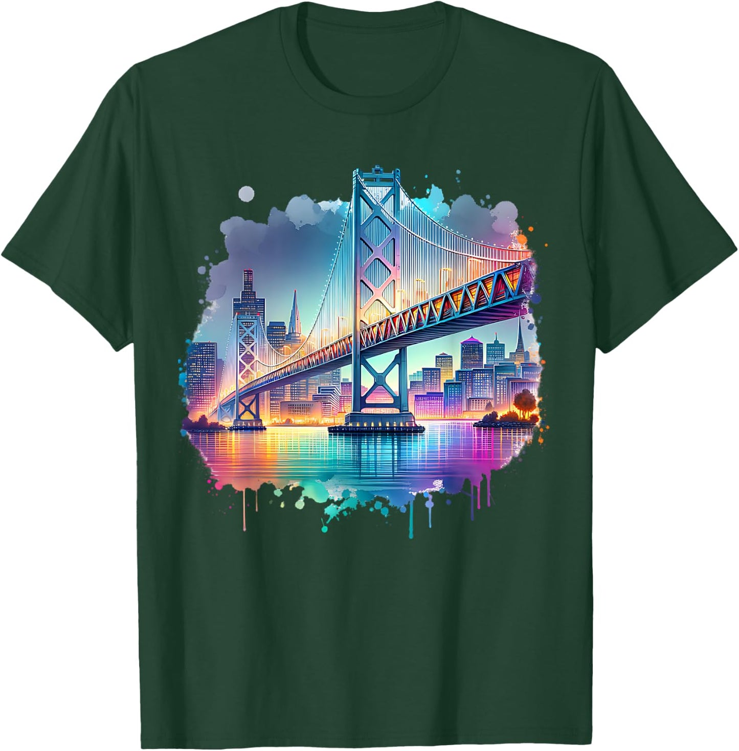 Oakland Town California Port Oakland Bay Bridge Watercolor T-Shirt - T-Shirt | Forest
