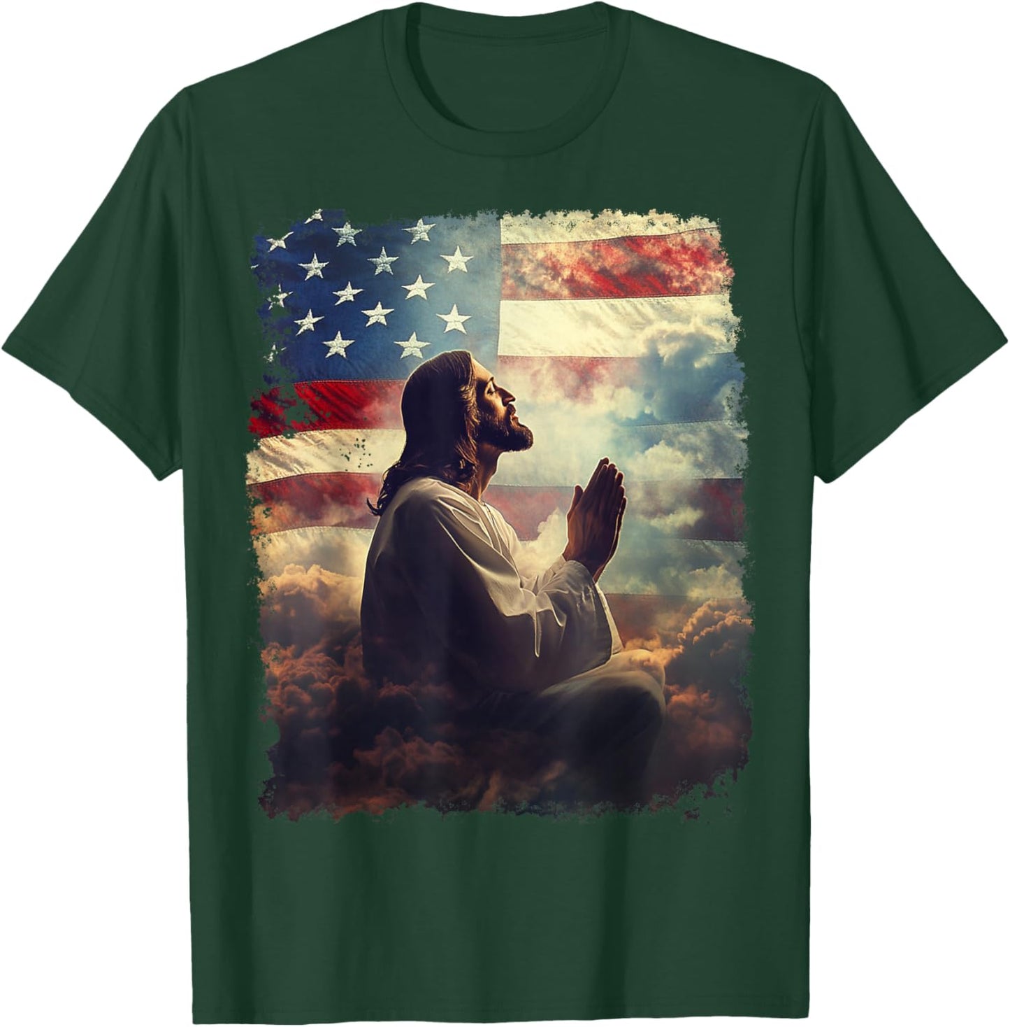 Jesus Christ Praying for America Flag T-Shirt - T-Shirt | Forest