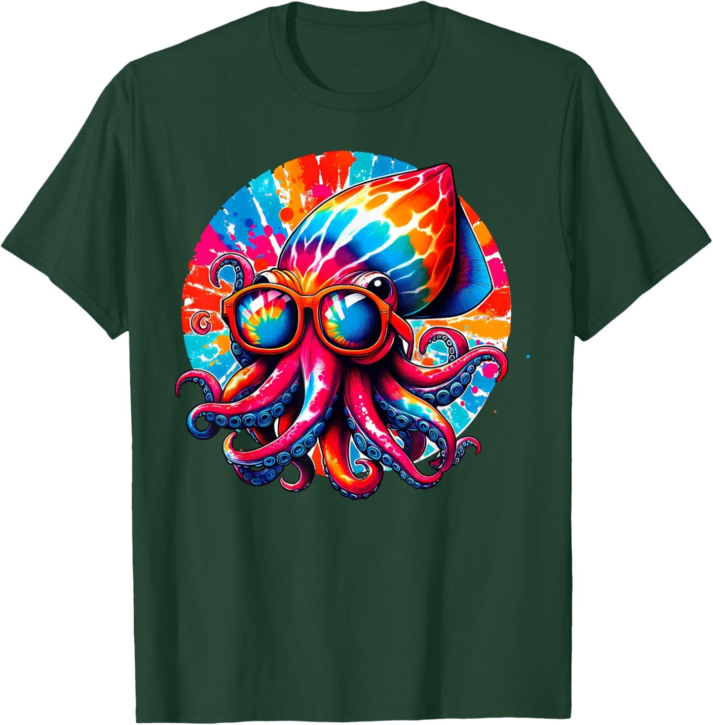 Cool Graphic Tie Dye Sunglasses Squid Illustration Art T-Shirt - T-Shirt | Forest