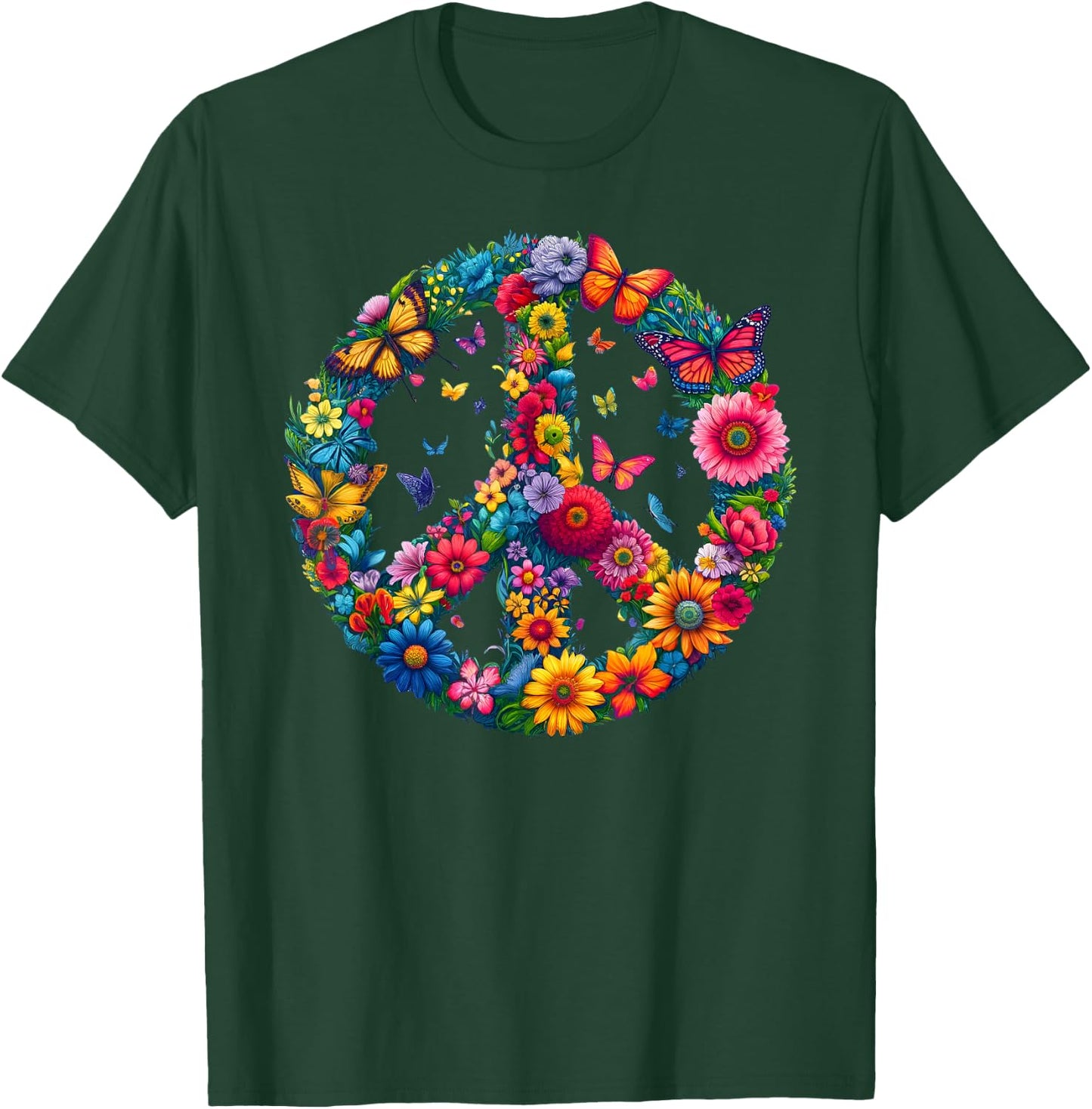 Floral Peace Sign Colorful Butterflies Harmony Love Nature T-Shirt - T-Shirt | Forest