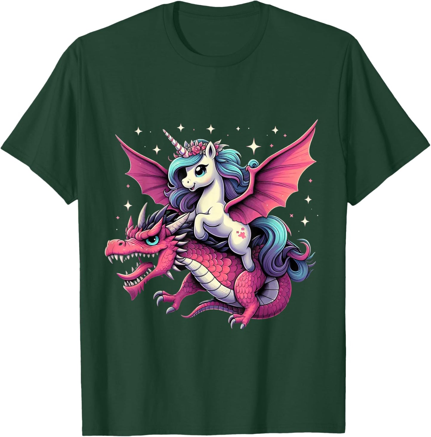 Unicorn Riding Dragon Boys Girls Women Kids Teens Rainbow T-Shirt - T-Shirt | Forest