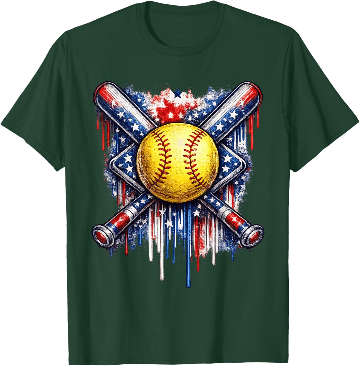 Softball Drip Ice Cream American Flag 4th of July T-Shirt - T-Shirt | Forest