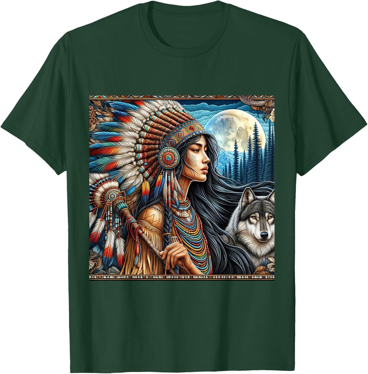 Indian Native American Woman with White Wolf Vintage Gifts T-Shirt - T-Shirt | Forest