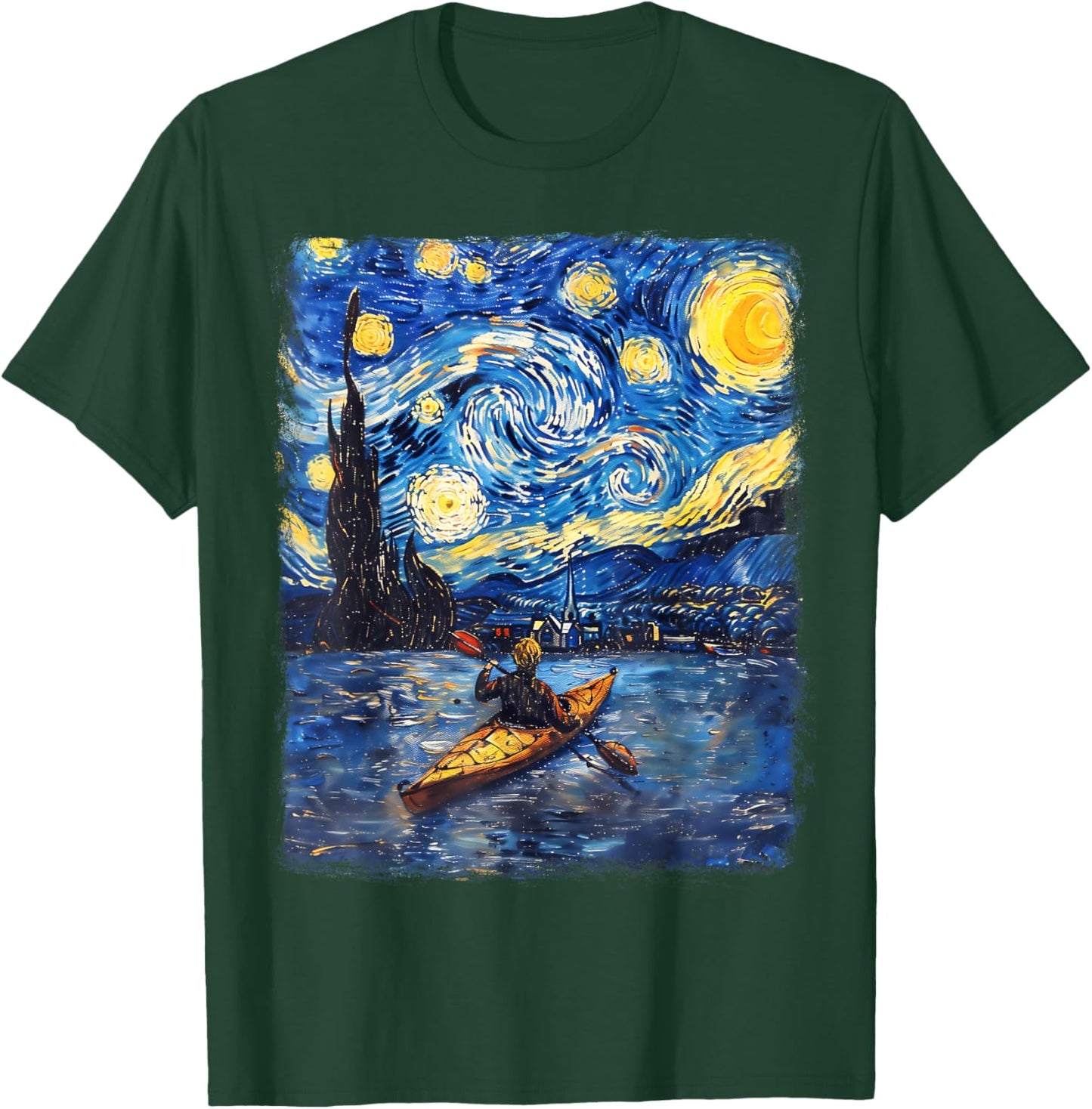 Kayaking Kayak Kayaker Starry Night Painting T-Shirt - T-Shirt | Forest