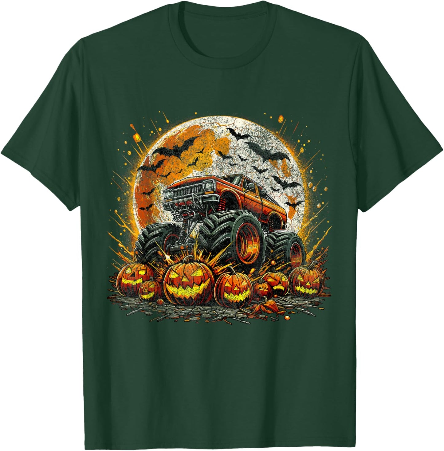Monster Truck Pumpkin Halloween Jack O Lantern Moon T-Shirt - T-Shirt | Forest