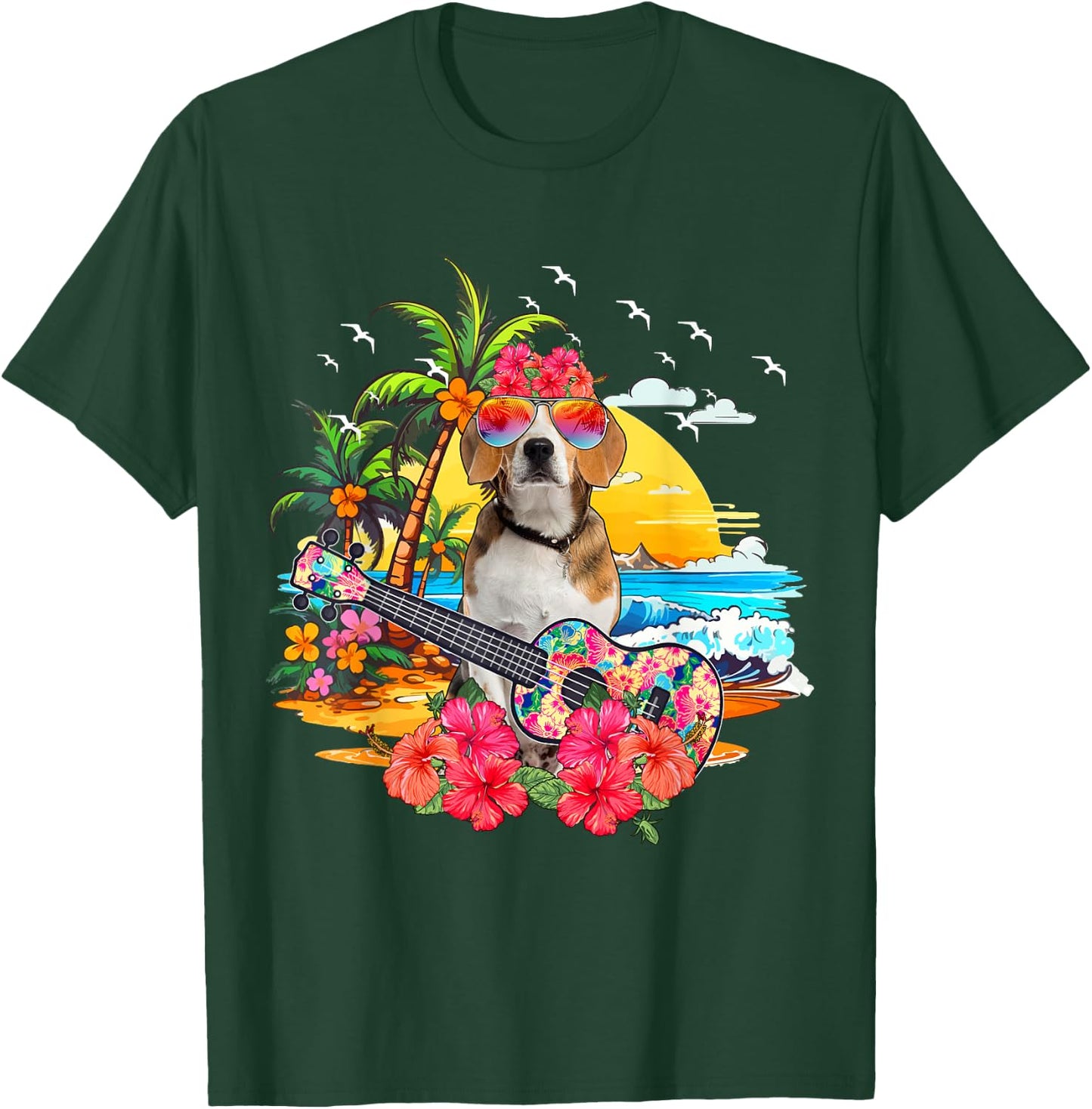 Hawaiian Floral Beagle Sunglasses Playing Guitar On Beach T-Shirt - T-Shirt | Forest