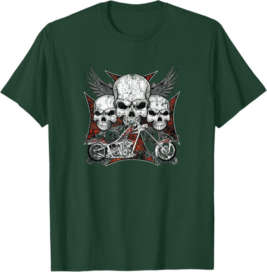 Skulls Iron Cross Chopper Wings Cool Vintage Biker T-Shirt - T-Shirt | Forest