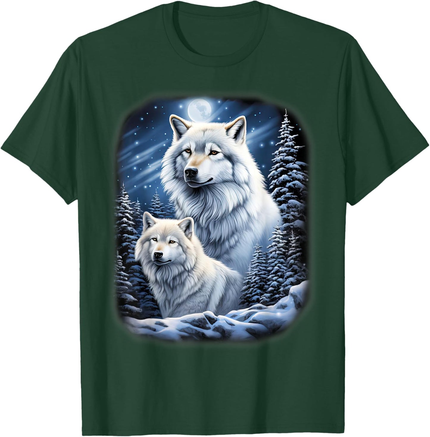 Wolves on an icy hill in the mountains with shiny moon T-Shirt - T-Shirt | Forest