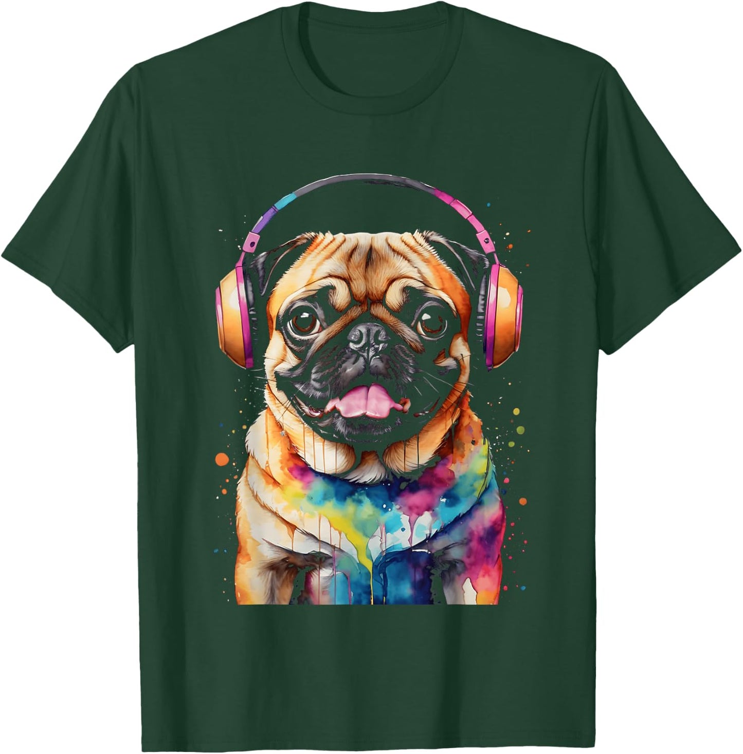 Pug Headphones Dog Colorful Funny Animal Art Print Graphic Men Women Kids T-Shirt - T-Shirt | Forest