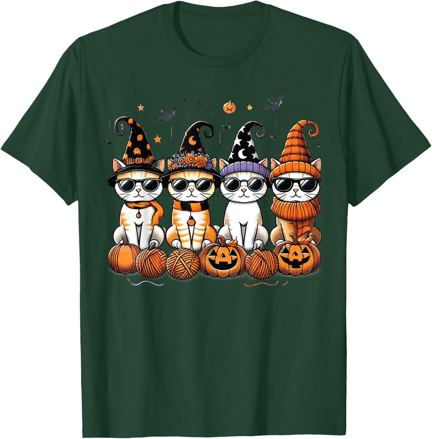 Cute Cats Witch Hat Funny Halloween Pumpkin Women Girls T-Shirt - T-Shirt | Forest