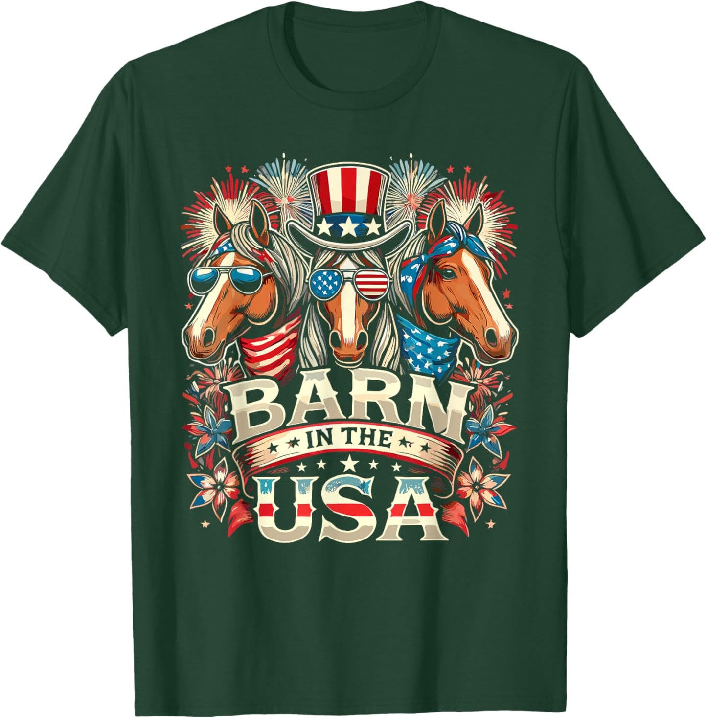 Barn In The USA 4th Of July Horse Patriotic Women Kids Men T-Shirt - T-Shirt | Forest
