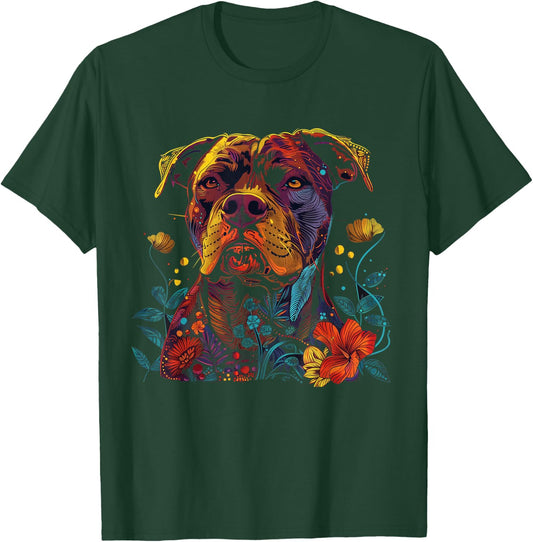 Pitbull Floral Dog Lover Vintage Flower Art Pitbull Mom Dad T-Shirt - T-Shirt | Forest