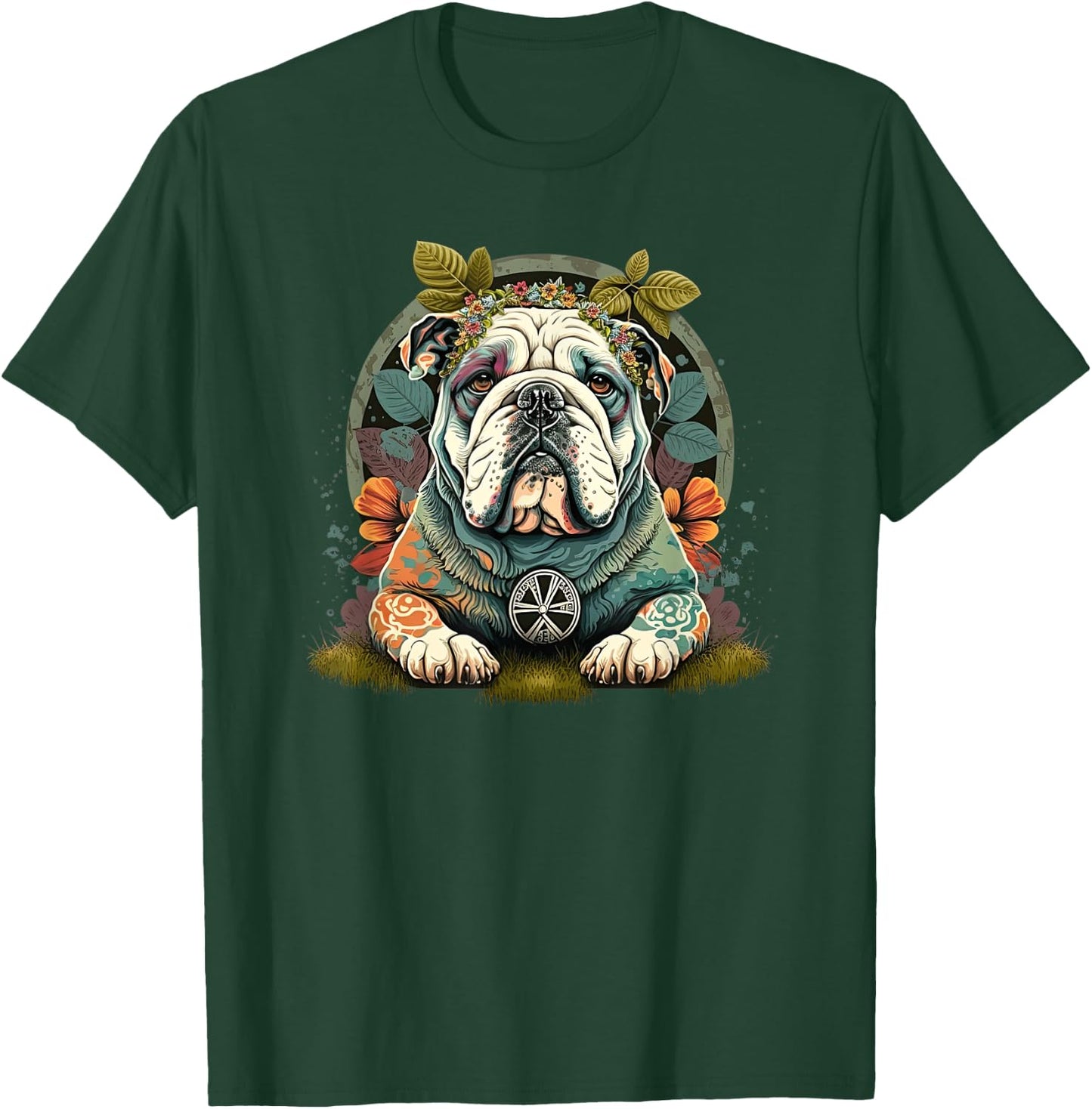 Funny Bulldog Dog Hippie T-Shirt - T-Shirt | Forest