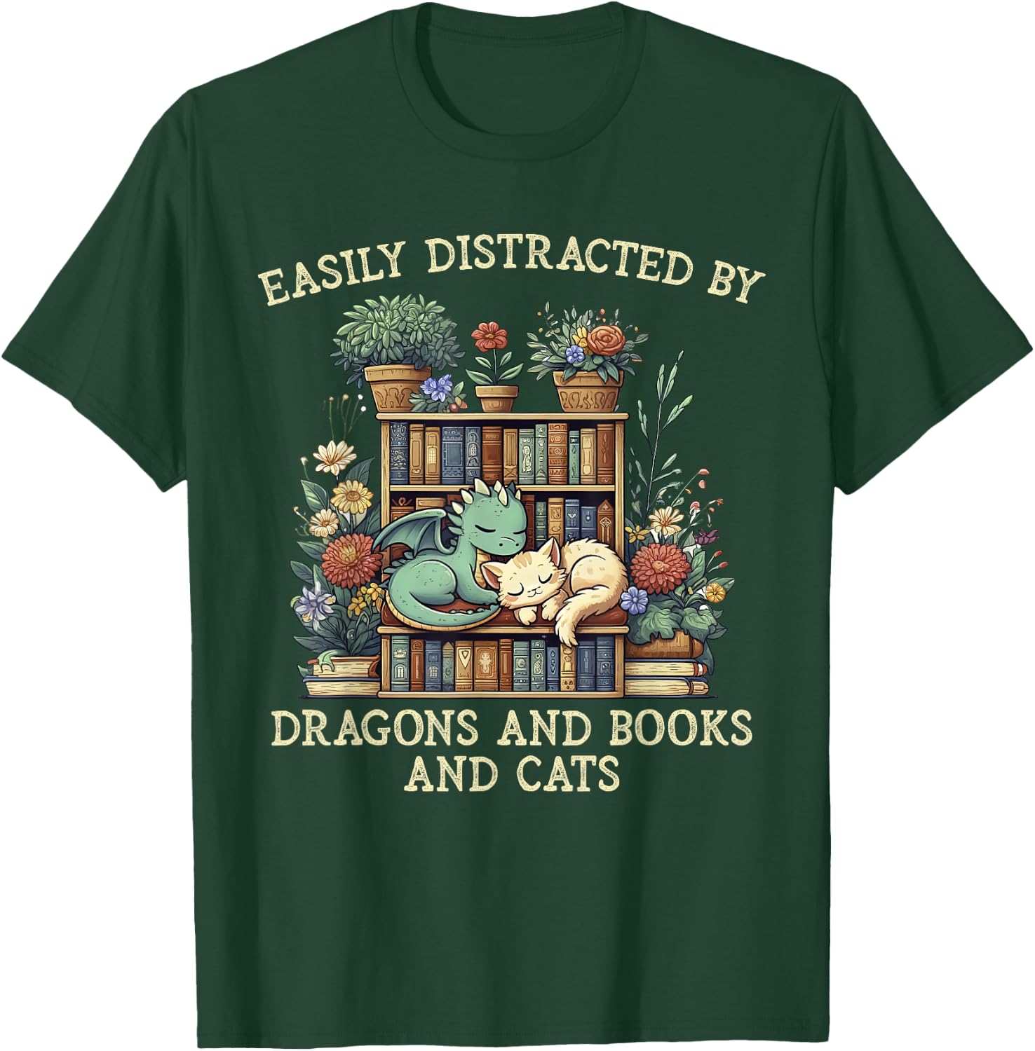 Easily Distracted By Dragons Books Cats Fantasy Book Lover T-Shirt - T-Shirt | Forest
