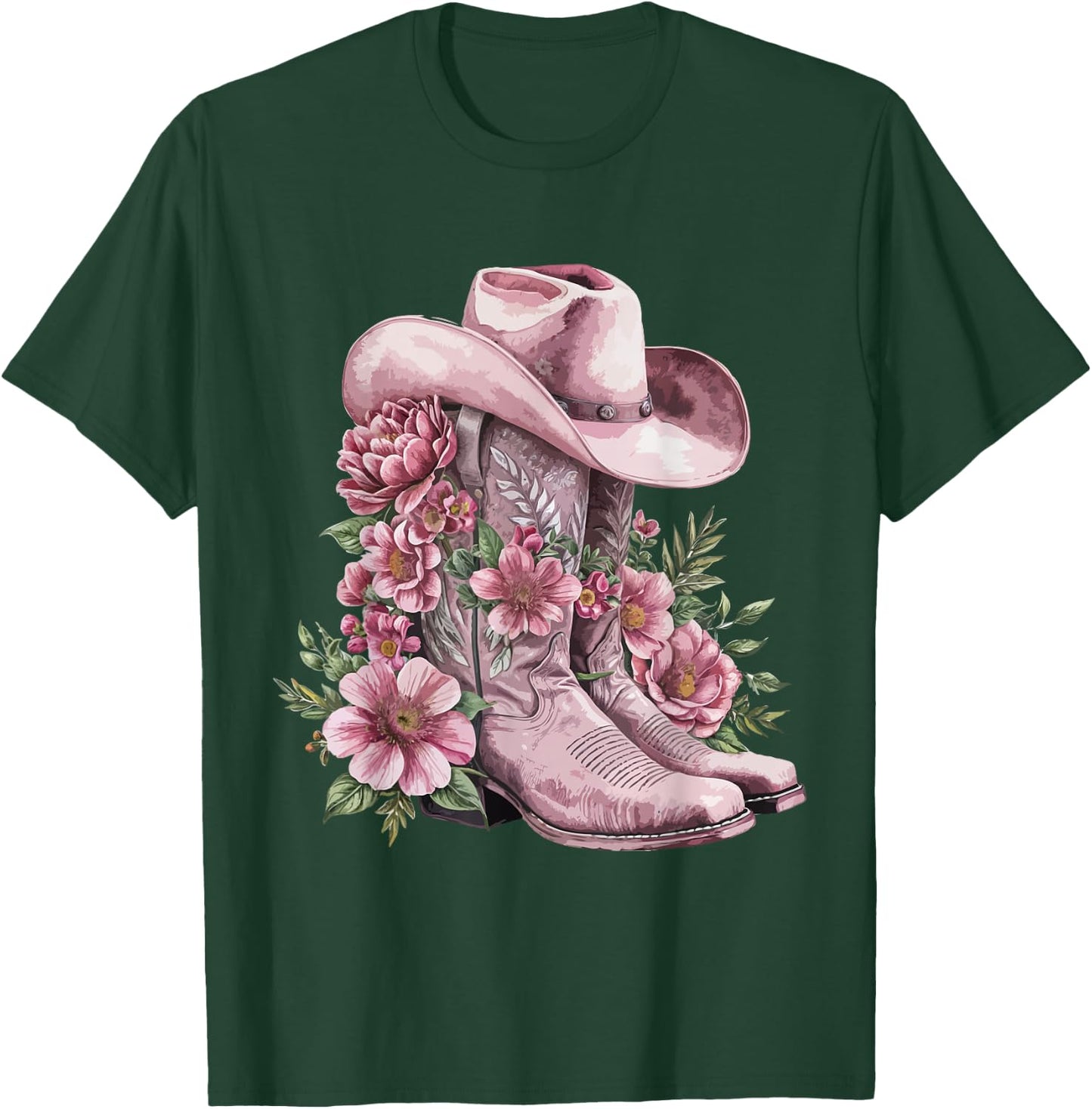 Watercolor Cowgirl Floral Boots Hat Western Boots Boho Women T-Shirt - T-Shirt | Forest