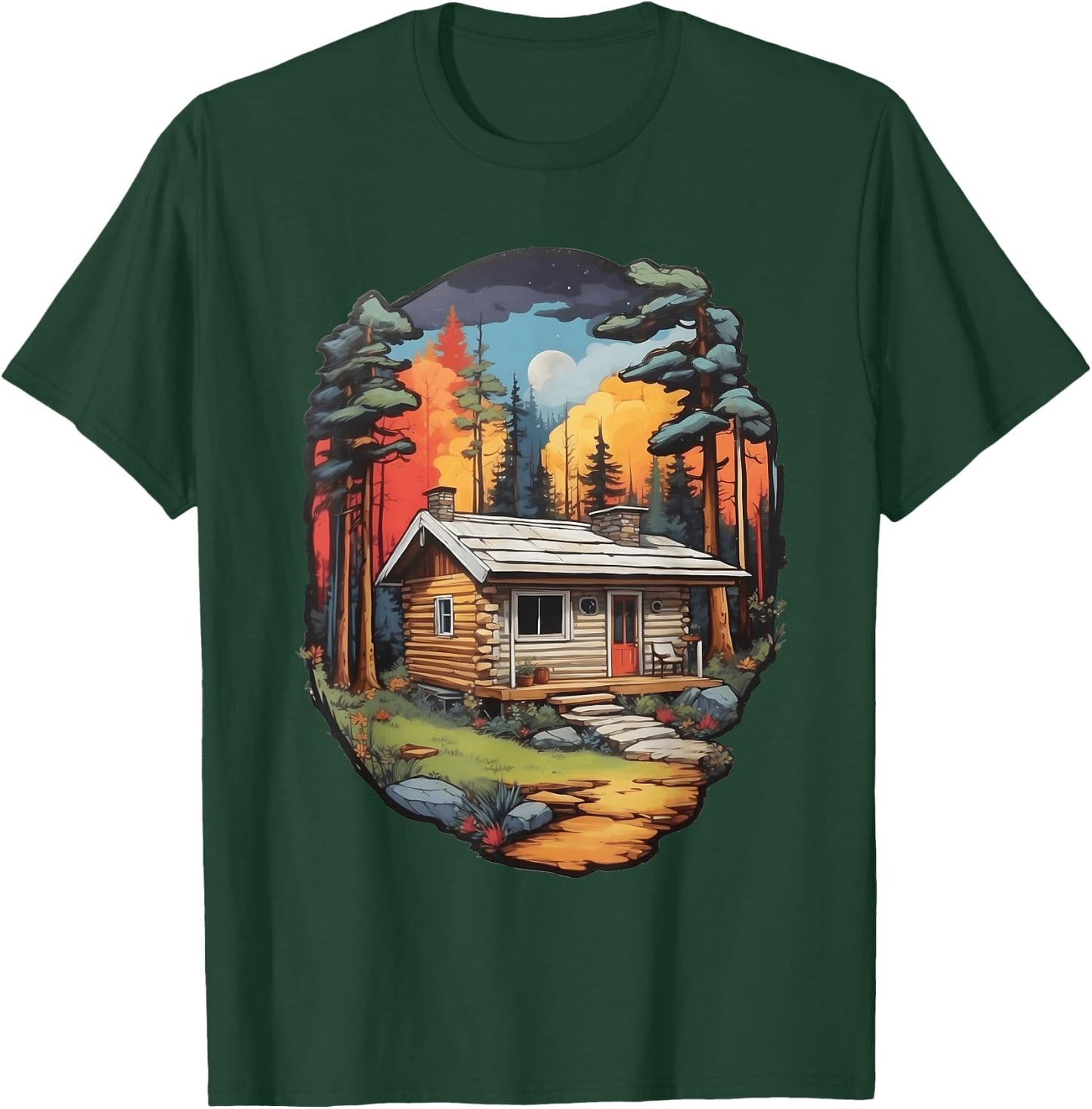 Tranquil Forest Log Cabin - Colorful Woods Scene T-Shirt - T-Shirt | Forest