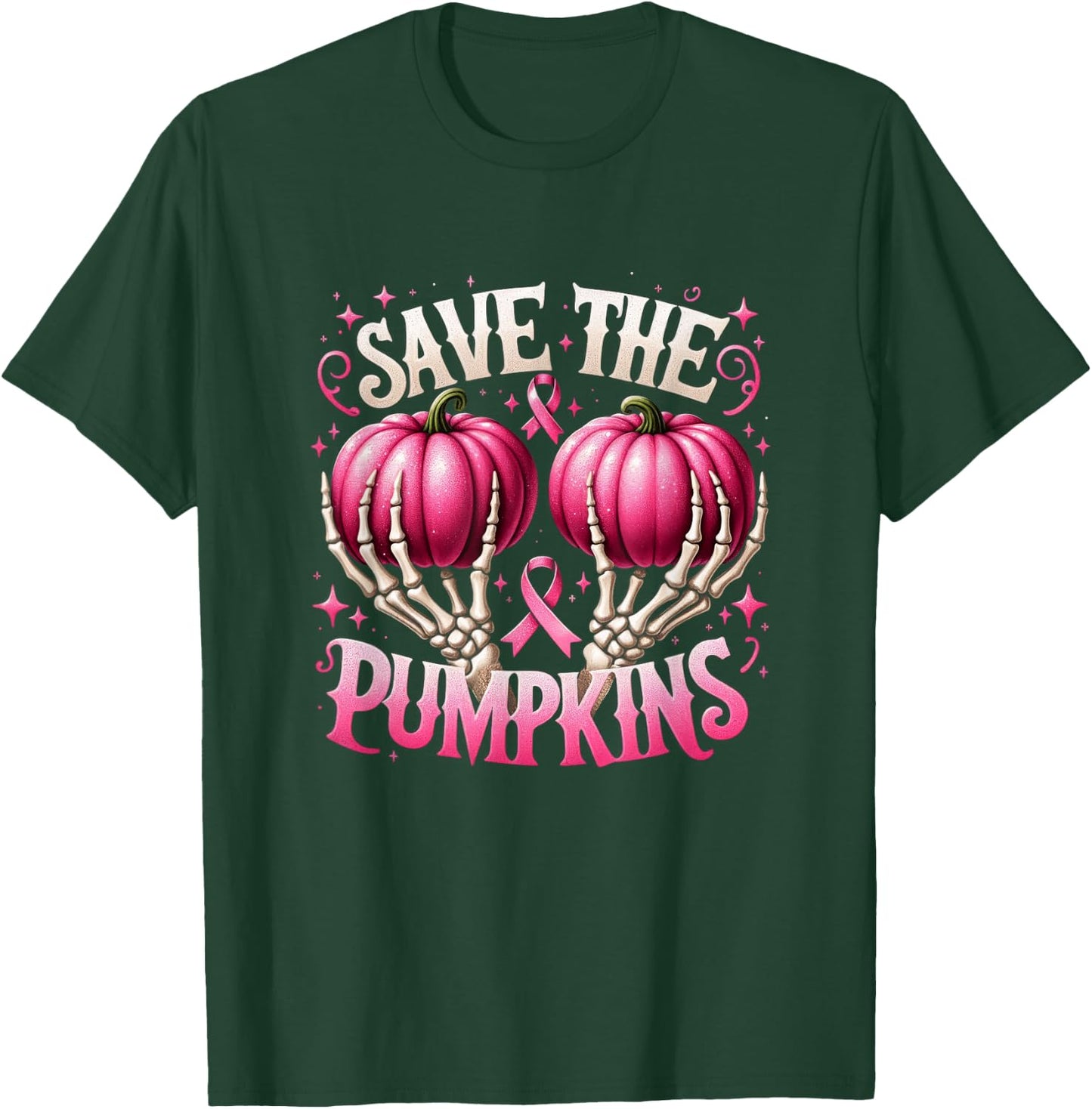 Save The Pumpkins Breast Cancer Awareness Skeleton Halloween T-Shirt - T-Shirt | Forest