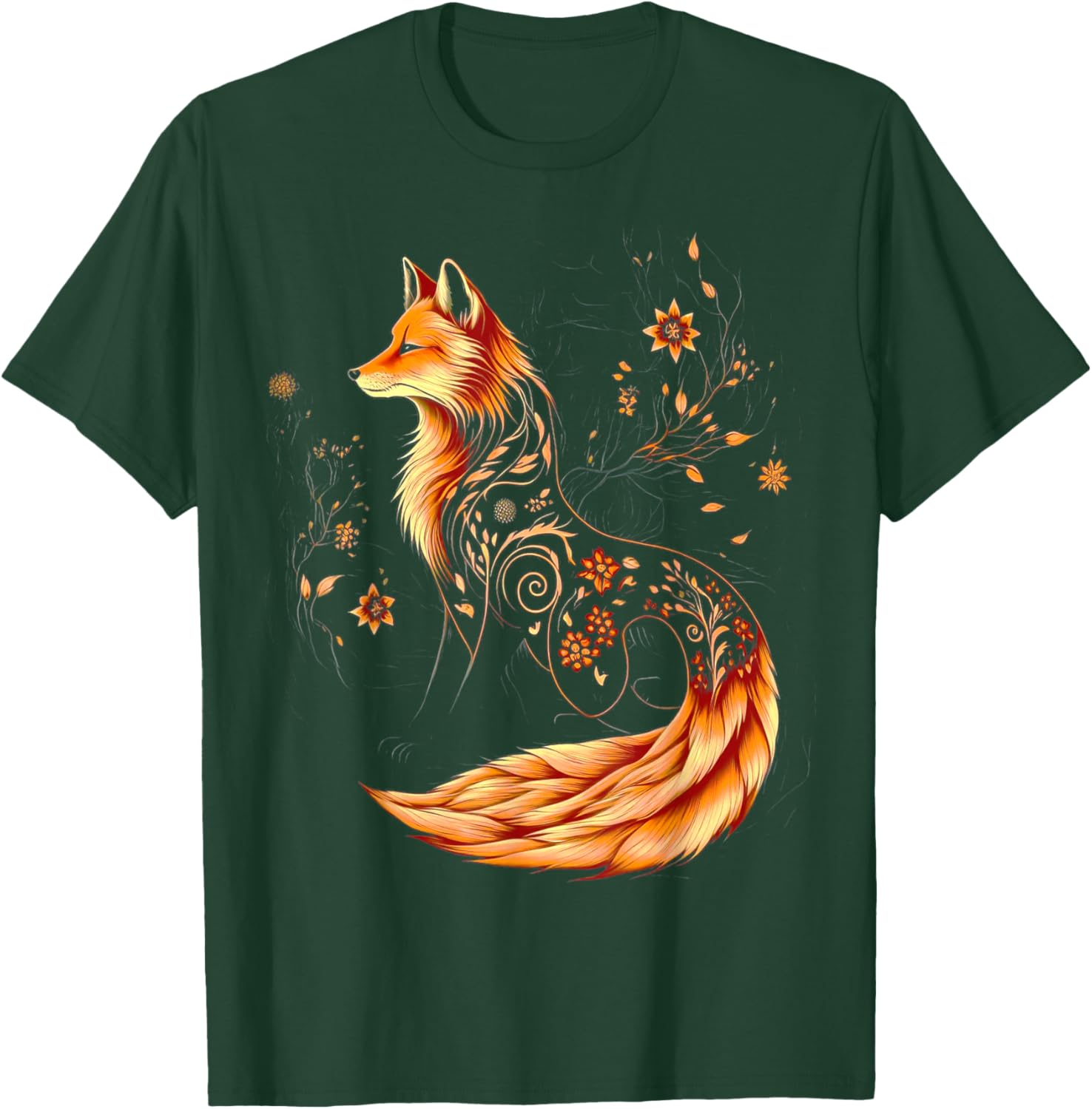 Floral Fox Flowers Art Fox in Autumn - Fall Fox T-Shirt - T-Shirt | Forest