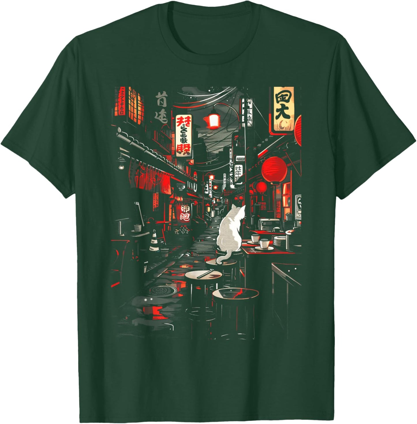 Japanese City Vintage Cat Sushi Japanese street Men Women T-Shirt - T-Shirt | Forest