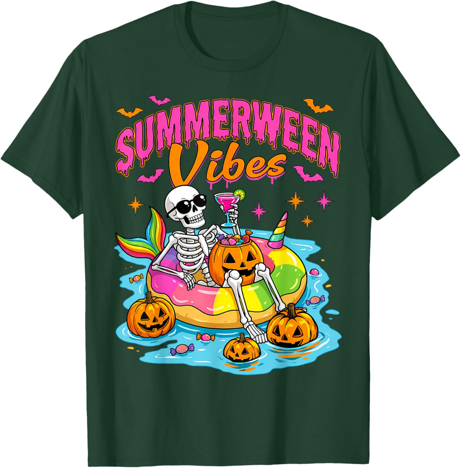 Summerween Funny Skeletons Halloween Floating Pool Pumpkin T-Shirt - T-Shirt | Forest