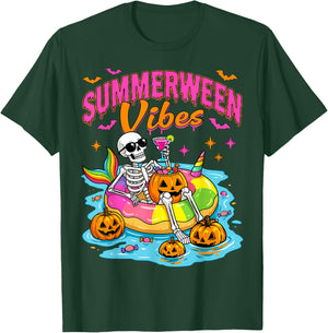Summerween Funny Skeletons Halloween Floating Pool Pumpkin T-Shirt - T-Shirt | Forest