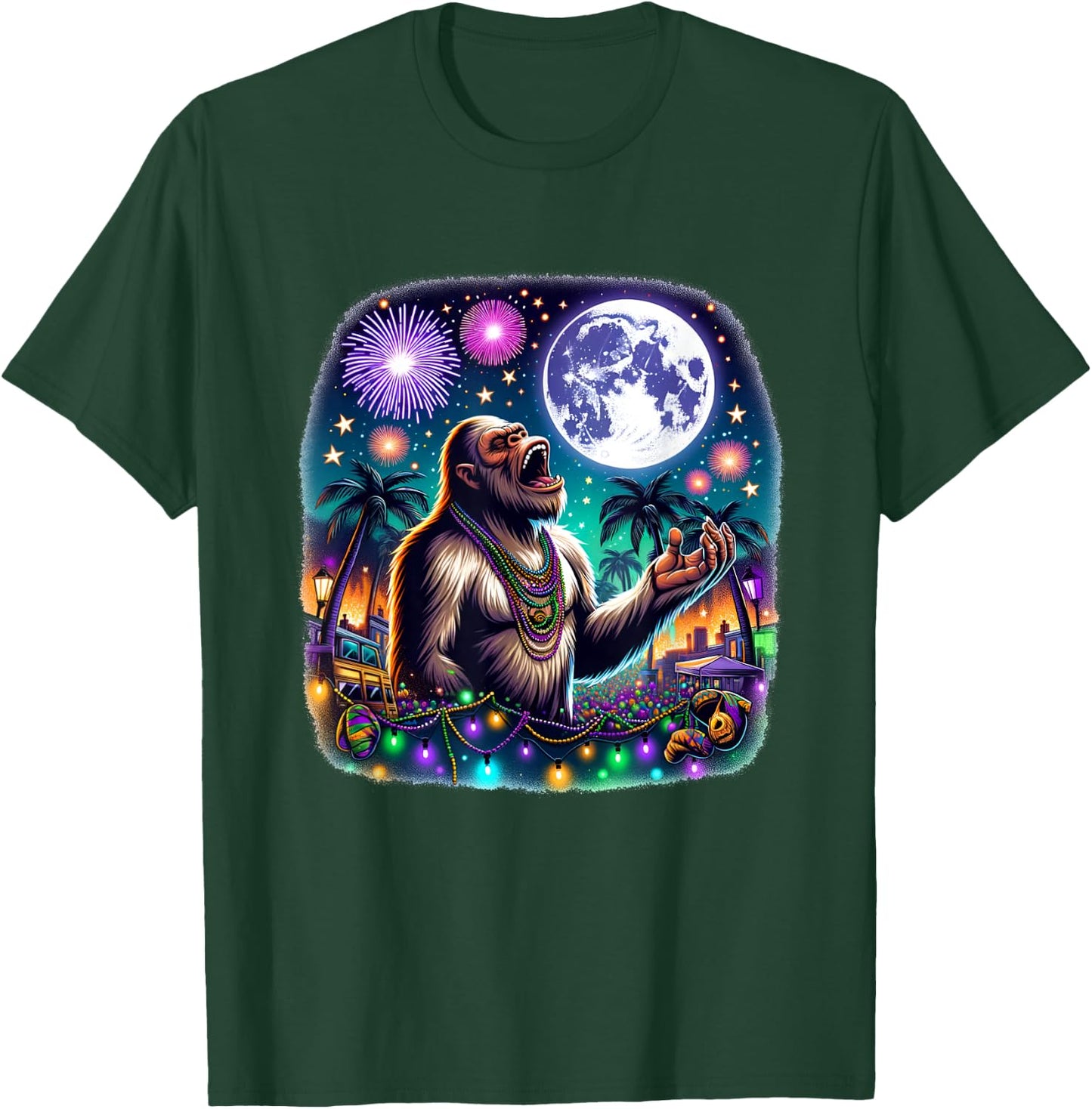Bigfoot Meets Moon Over Mardi Gras New Orleans Fun T-Shirt - T-Shirt | Forest