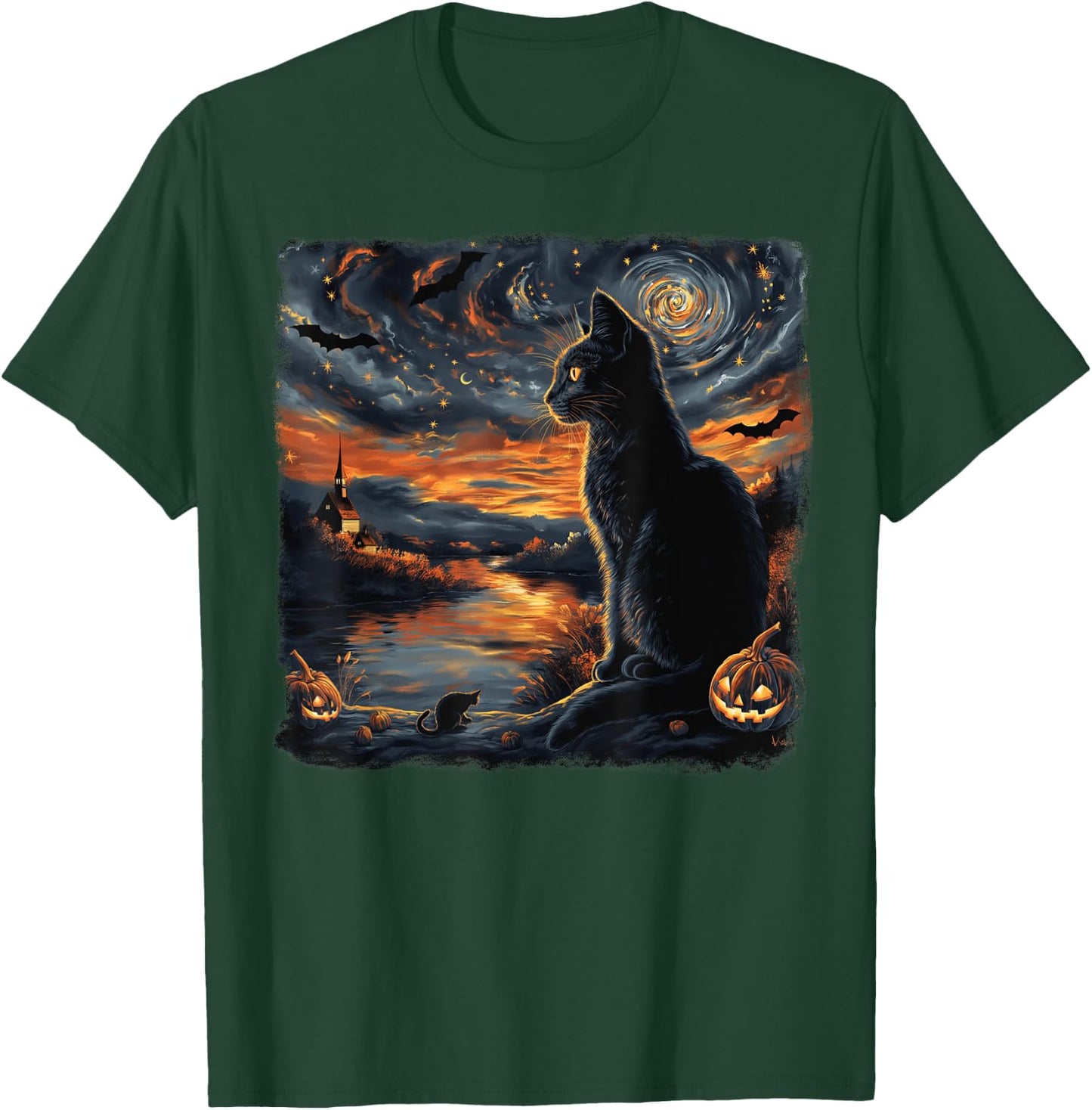 Halloween Van Gogh Starry Night Black Cat Pumpkins Bats Women Kids T-Shirt - T-Shirt | Forest