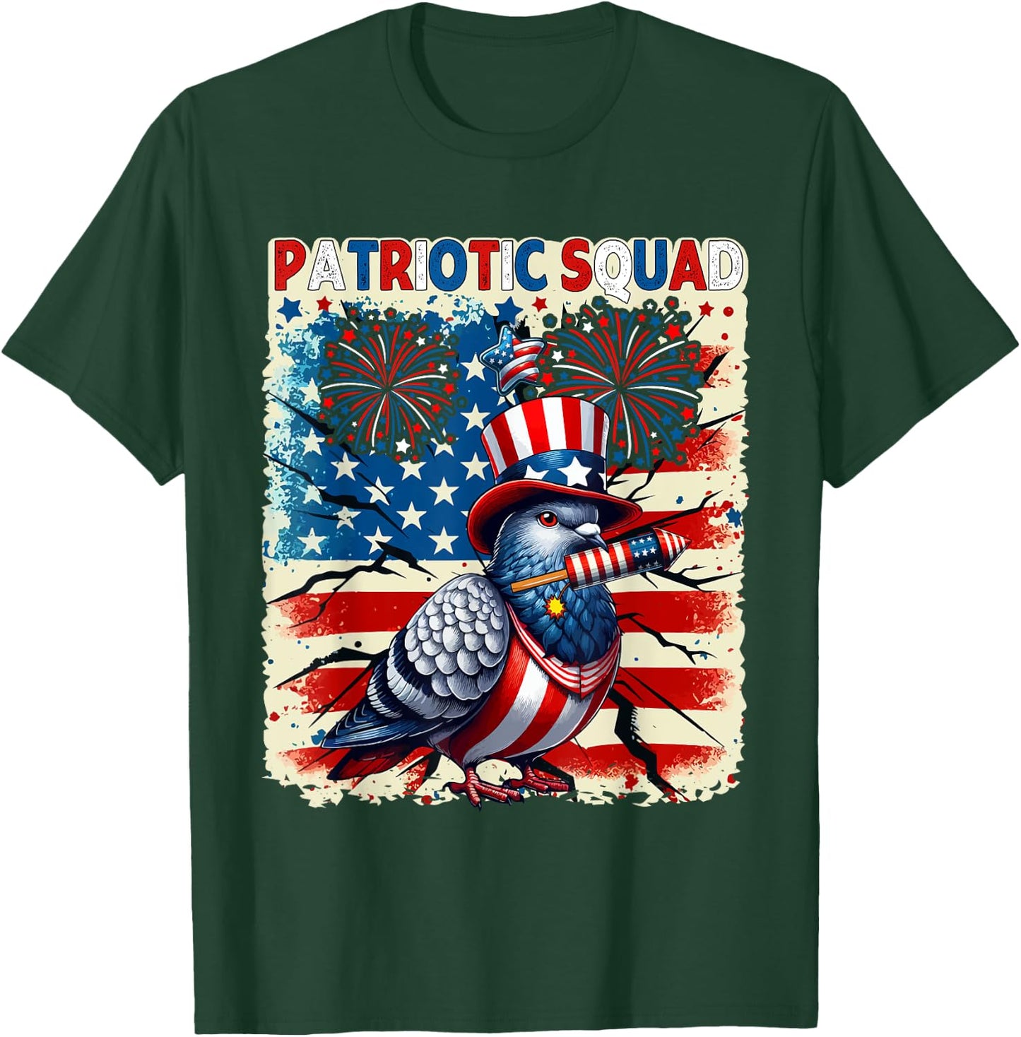 Patriotic Squad Pigeon 4th Of July Fireworks US Flag Lover T-Shirt - T-Shirt | Forest